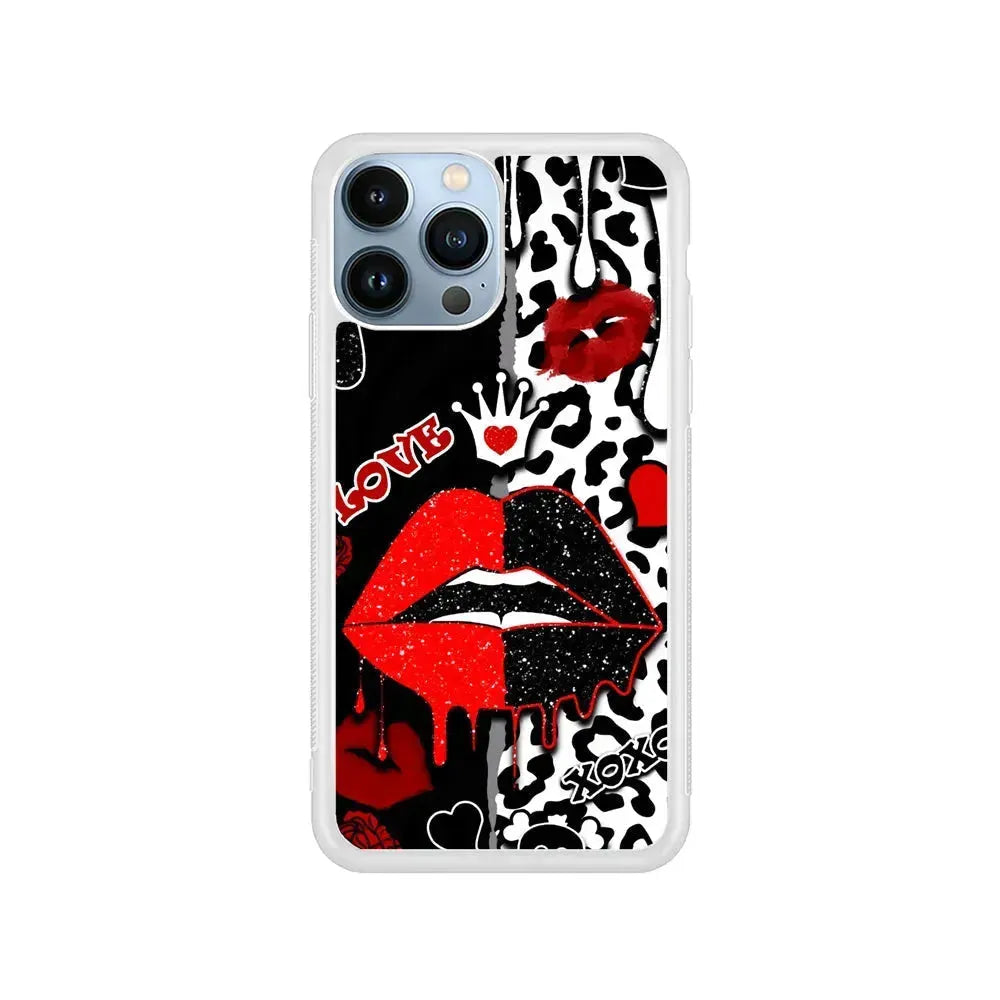 Girly Red Black Lips Kiss iPhone 15 Pro Max Case-Rubber / White (2D Case)-Xtracase