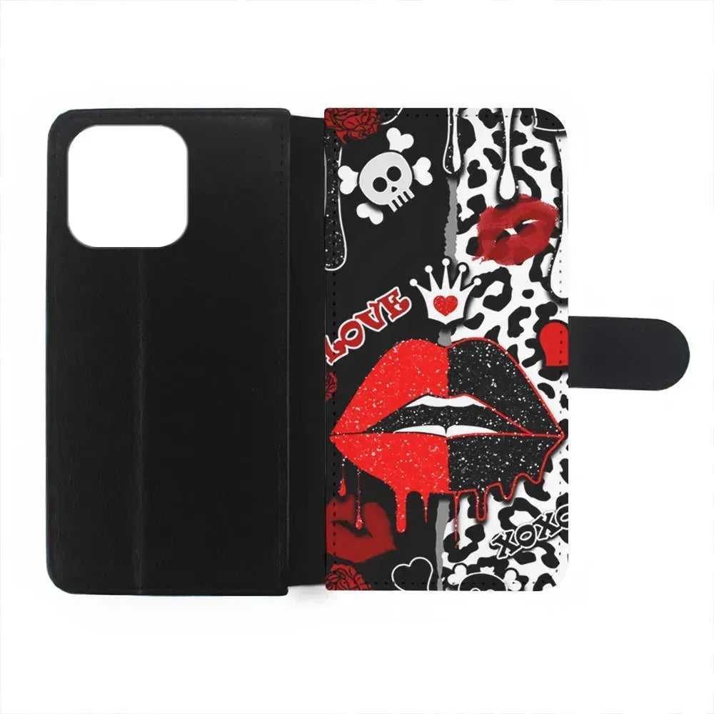 Girly Red Black Lips Kiss iPhone 15 Pro Max Case-Flip Wallet Case-Xtracase