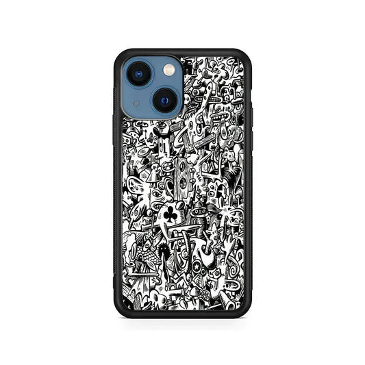 Graffiti Doodle Monokrom iPhone 13 Mini Case-Rubber / Black (2D Case)-Xtracase