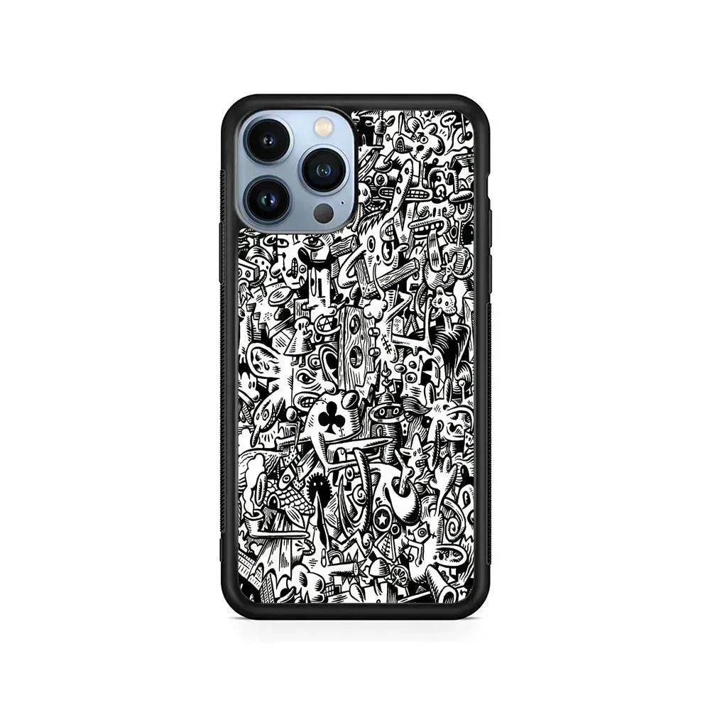 Graffiti Doodle Monokrom iPhone 15 Pro Max Case-Rubber / Black (2D Case)-Xtracase