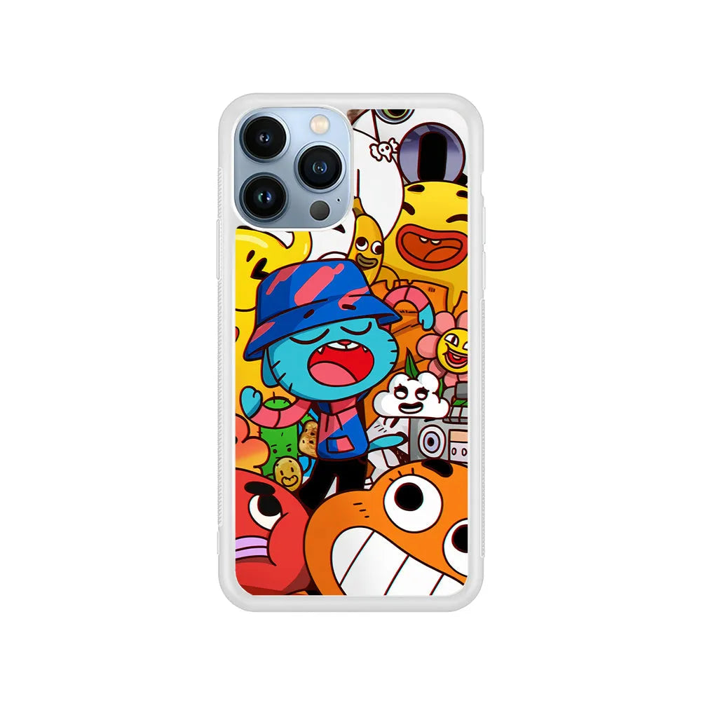 Gumball and Friends Doodle iPhone 13 Pro Case-Rubber / White (2D Case)-Xtracase