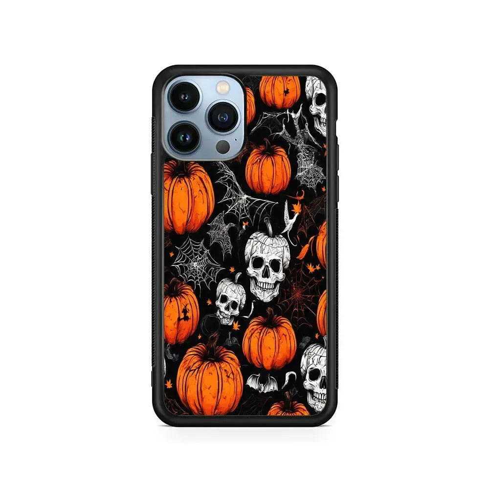 Halloween Skull and Spider Webs iPhone 15 Pro Max Case-Rubber / Black (2D Case)-Xtracase