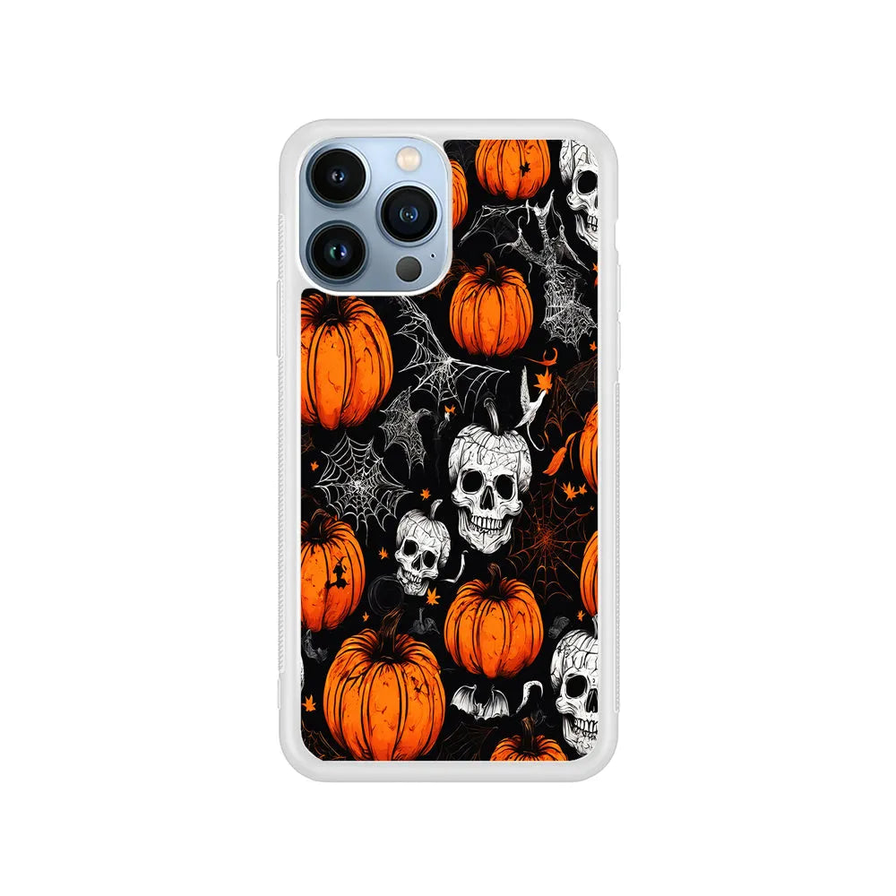 Halloween Skull and Spider Webs iPhone 13 Pro Case-Rubber / White (2D Case)-Xtracase