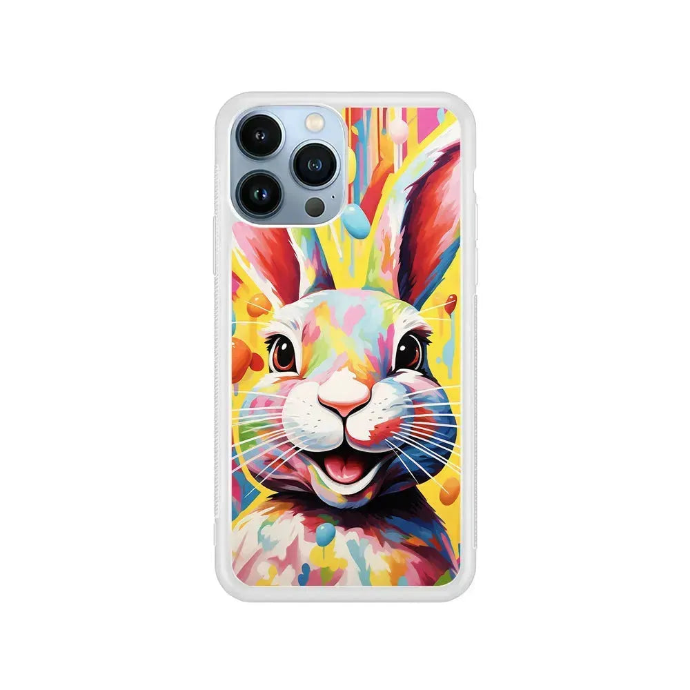 Happy Rabbit Painting iPhone 15 Pro Max Case-Rubber / White (2D Case)-Xtracase