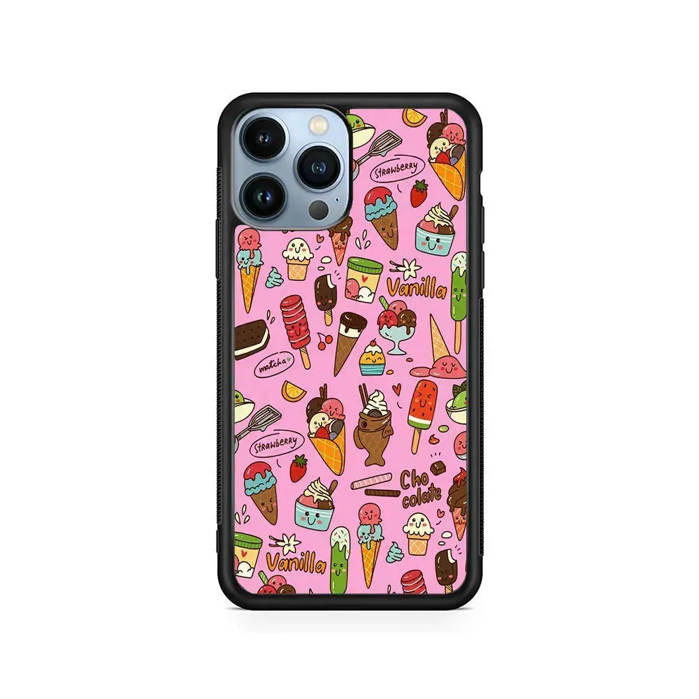 Ice Cream Doodle Cartoon iPhone 15 Pro Max Case-Rubber / Black (2D Case)-Xtracase