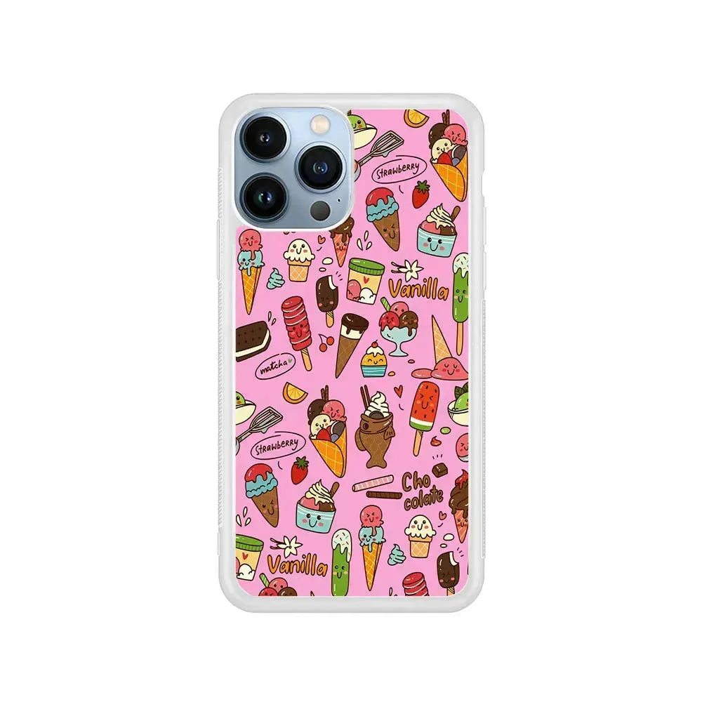 Ice Cream Doodle Cartoon iPhone 15 Pro Max Case-Rubber / White (2D Case)-Xtracase