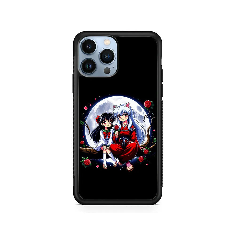 Inuyasha and Kagome Full Moon iPhone 13 Pro Case-Rubber / Black (2D Case)-Xtracase