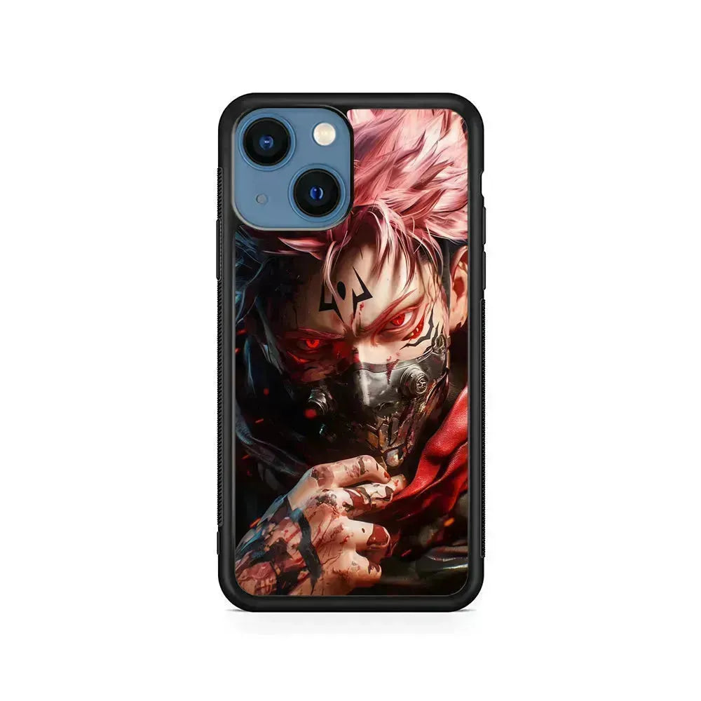 Jujutsu Kaisen Ryomen Sukuna Mask iPhone 13 Mini Case-Rubber / Black (2D Case)-Xtracase