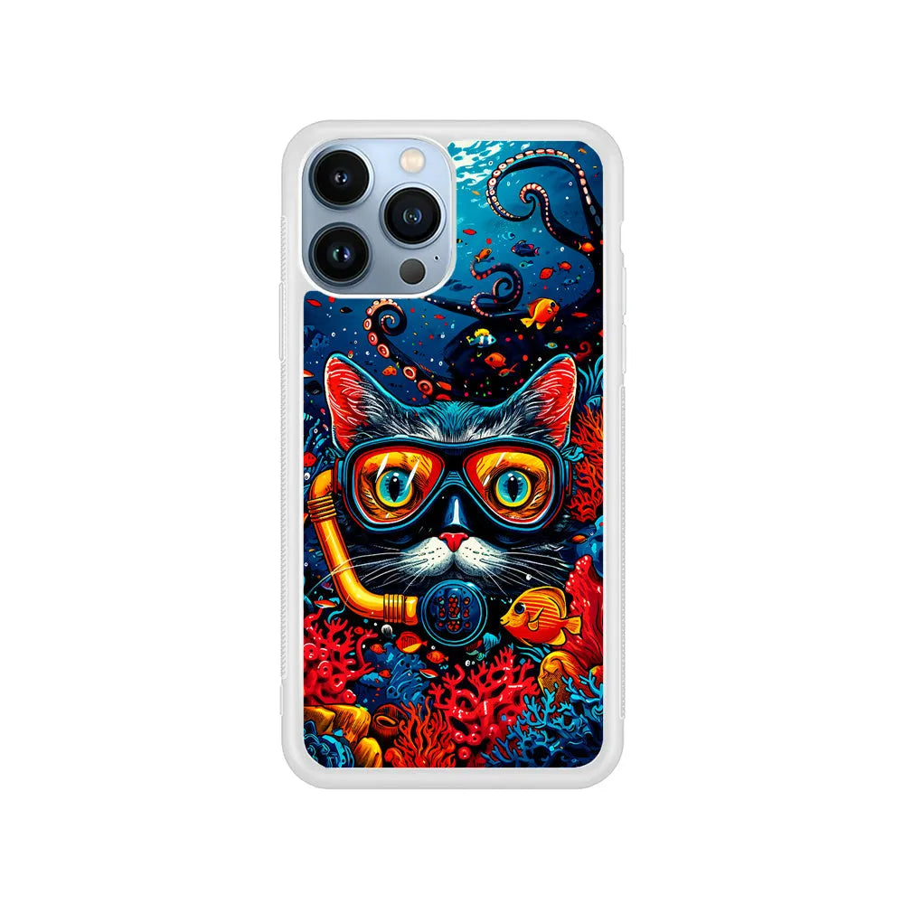 Kitty Cat Under The Sea iPhone 13 Pro Case-Rubber / White (2D Case)-Xtracase