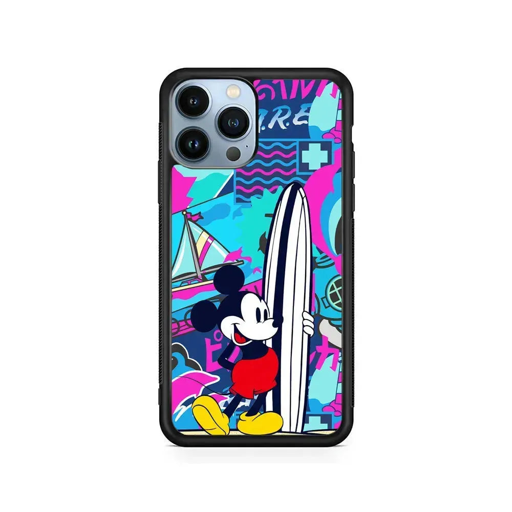Mickey Mouse Surf Board iPhone 15 Pro Max Case-Rubber / Black (2D Case)-Xtracase