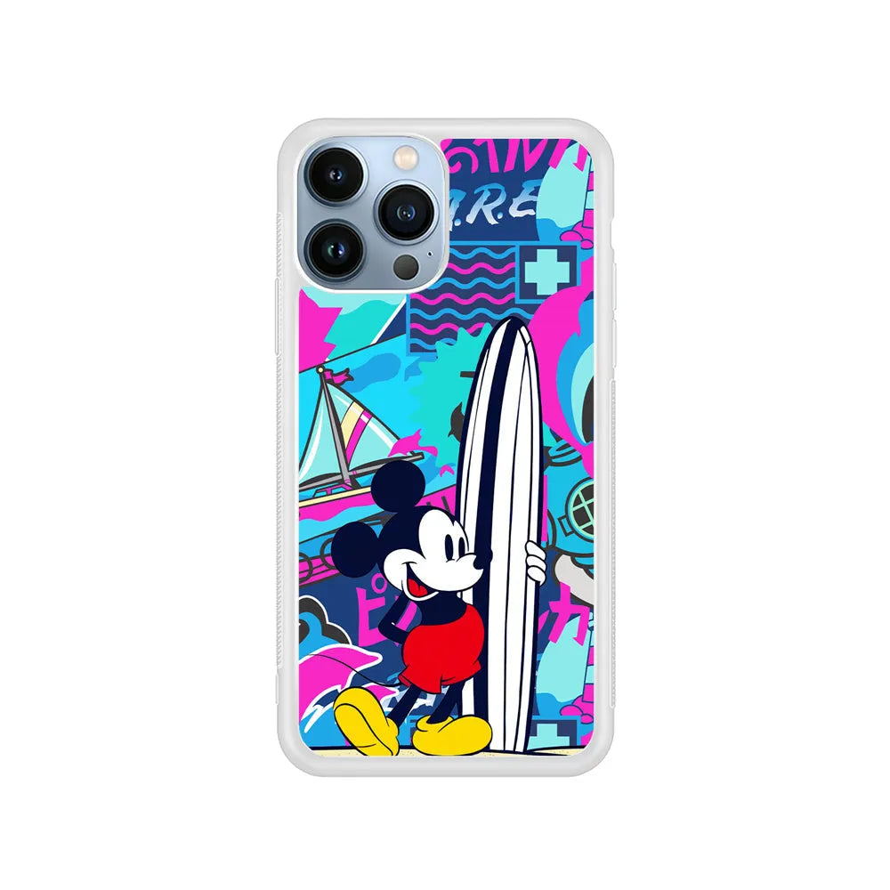Mickey Mouse Surf Board iPhone 13 Pro Case-Rubber / White (2D Case)-Xtracase