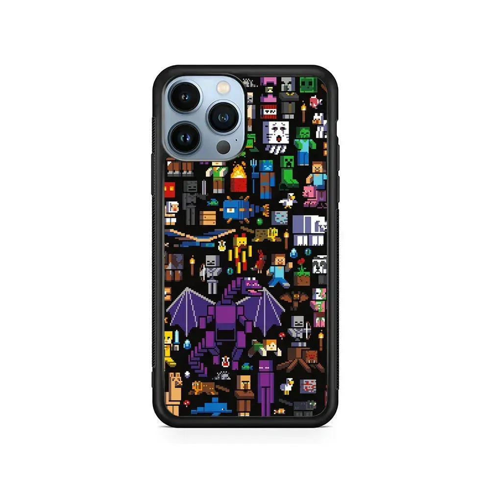 Minicraft All Characters iPhone 15 Pro Max Case-Rubber / Black (2D Case)-Xtracase