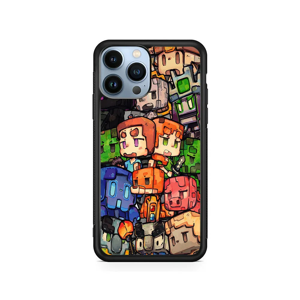 Minicraft Characters Drawing iPhone 13 Pro Max Case-Rubber / Black (2D Case)-Xtracase