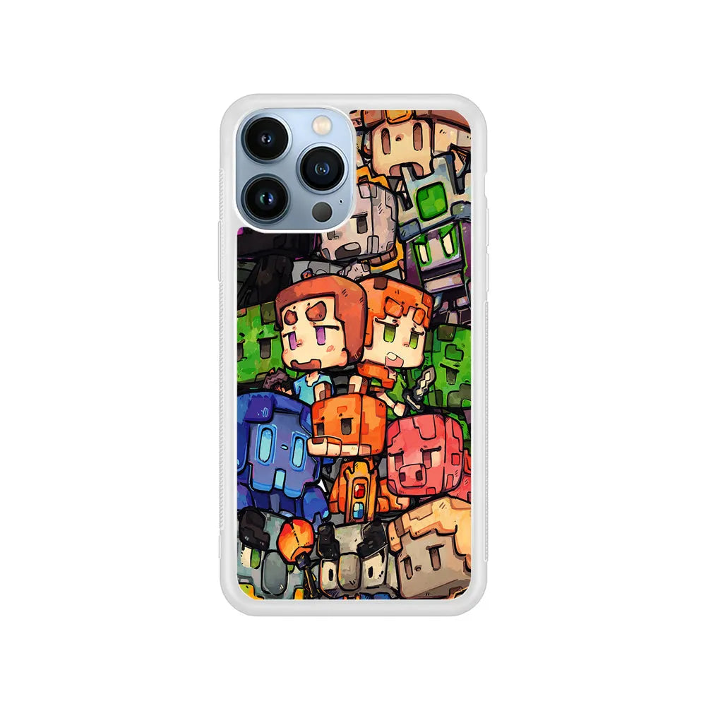 Minicraft Characters Drawing iPhone 13 Pro Max Case-Rubber / White (2D Case)-Xtracase
