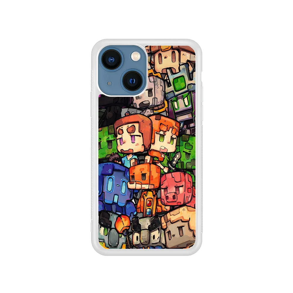 Minicraft Characters Drawing iPhone 15 Case-Rubber / White (2D Case)-Xtracase