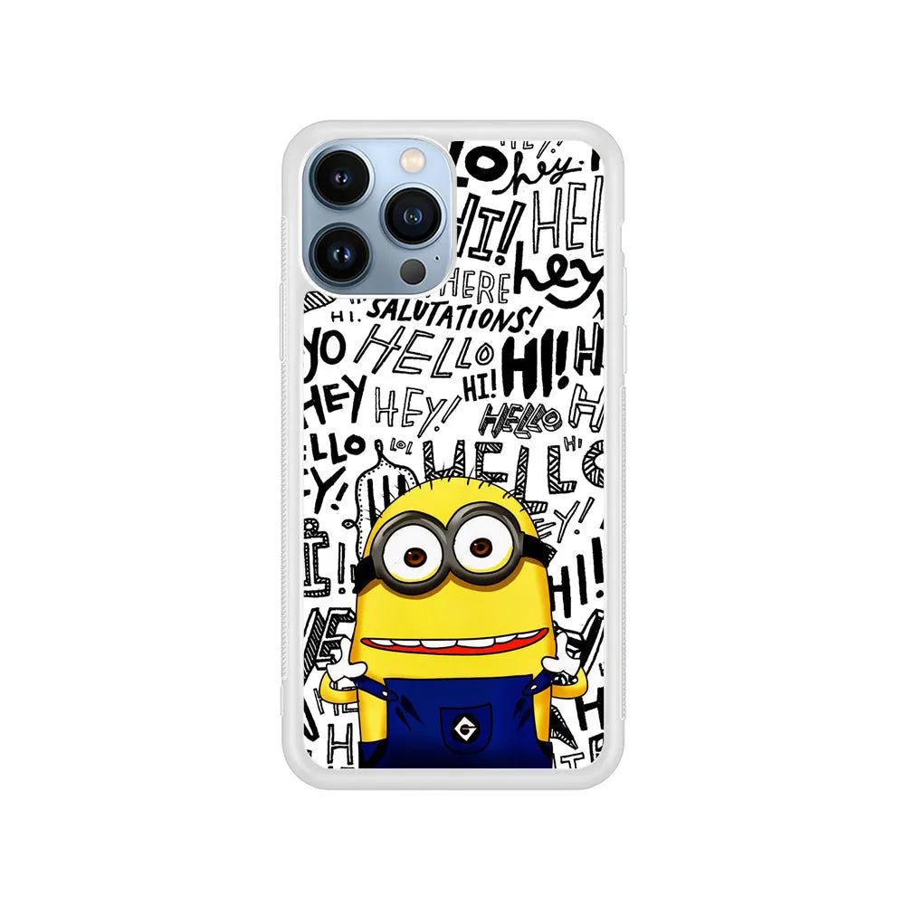 Minions Hail Word iPhone 13 Pro Case-Rubber / White (2D Case)-Xtracase