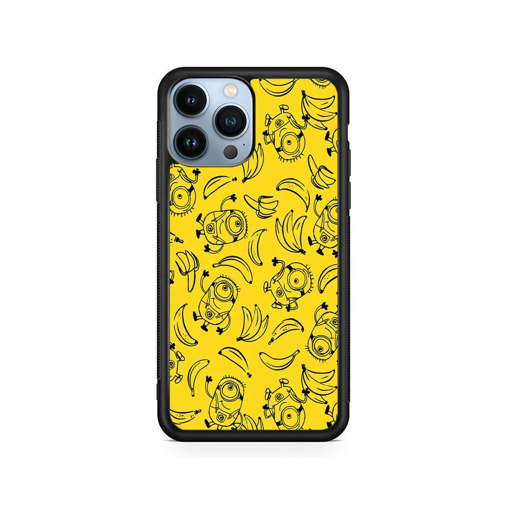Minions and Banana Yellow iPhone 13 Pro Case-Rubber / Black (2D Case)-Xtracase