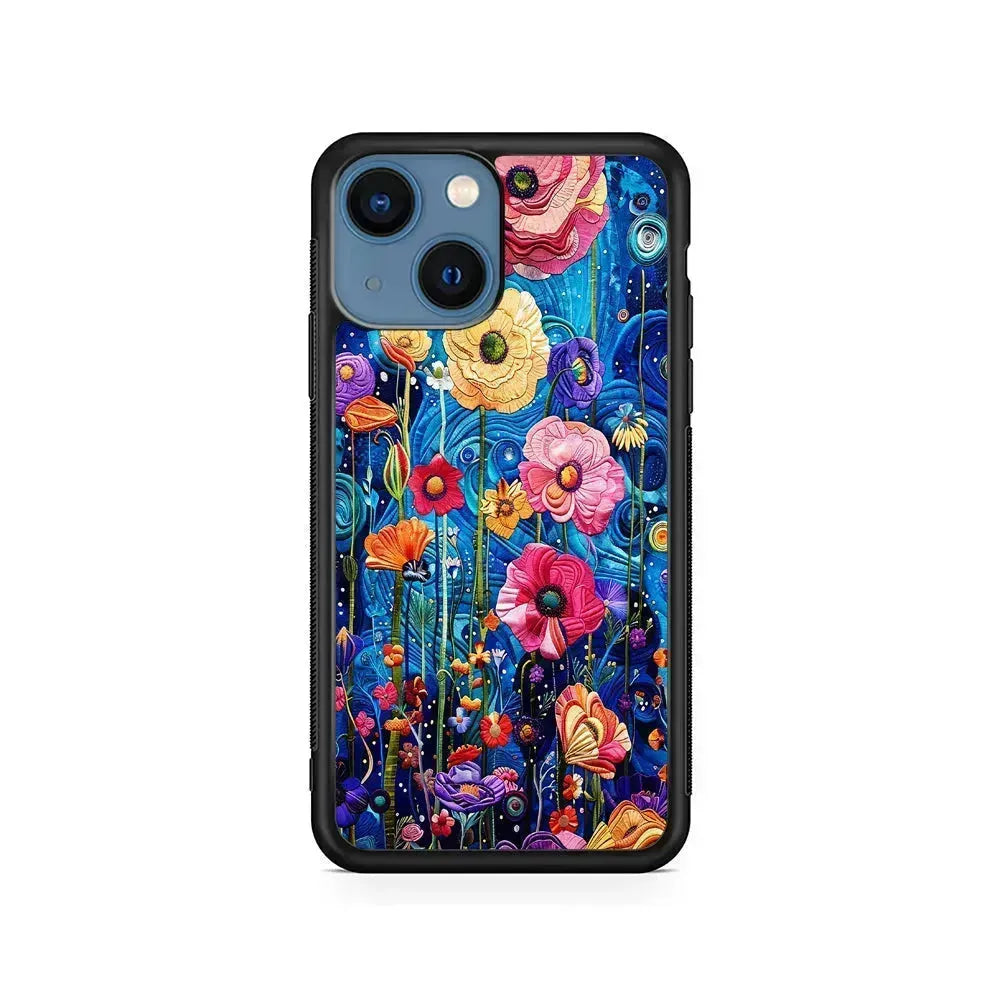 Painting of Flowers with a Blue Sky iPhone 13 Mini Case-Rubber / Black (2D Case)-Xtracase