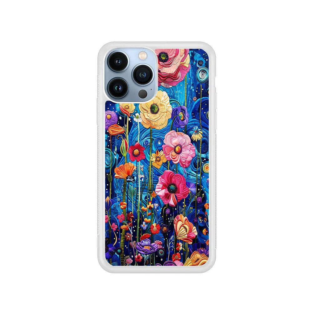 Painting of Flowers with a Blue Sky iPhone 13 Pro Case-Rubber / White (2D Case)-Xtracase