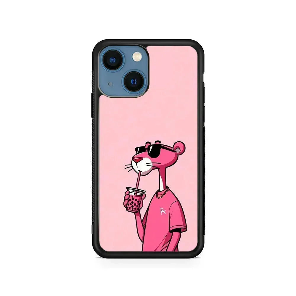 Pink Panther Drinks Bubble Tea iPhone 13 Mini Case-Rubber / Black (2D Case)-Xtracase