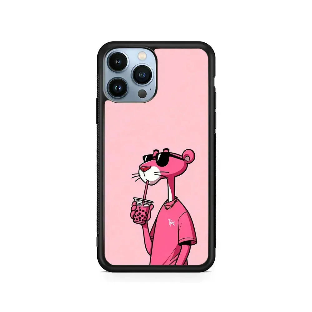 Pink Panther Drinks Bubble Tea iPhone 15 Pro Max Case-Rubber / Black (2D Case)-Xtracase