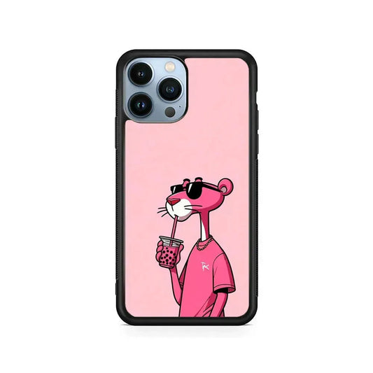 Pink Panther Drinks Bubble Tea iPhone 15 Pro Max Case-Rubber / Black (2D Case)-Xtracase