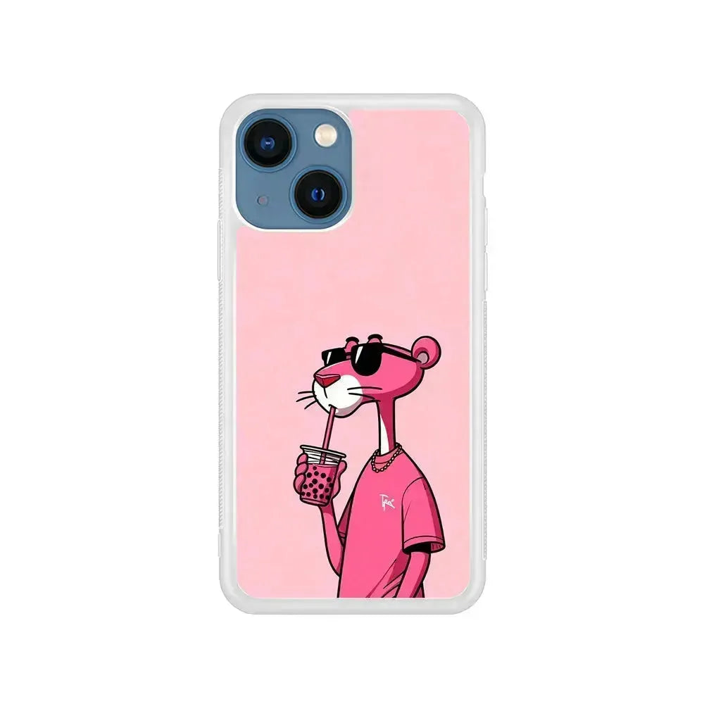 Pink Panther Drinks Bubble Tea iPhone 13 Mini Case-Rubber / White (2D Case)-Xtracase