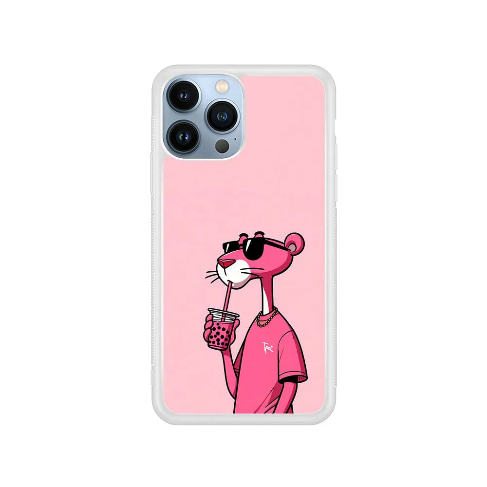 Pink Panther Drinks Bubble Tea iPhone 13 Pro Max Case-Rubber / White (2D Case)-Xtracase