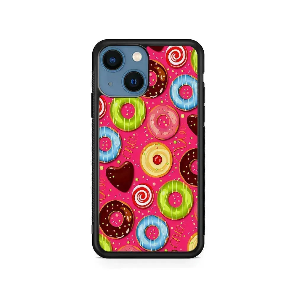 Pink Sweet Cute Donuts iPhone 13 Mini Case-Rubber / Black (2D Case)-Xtracase