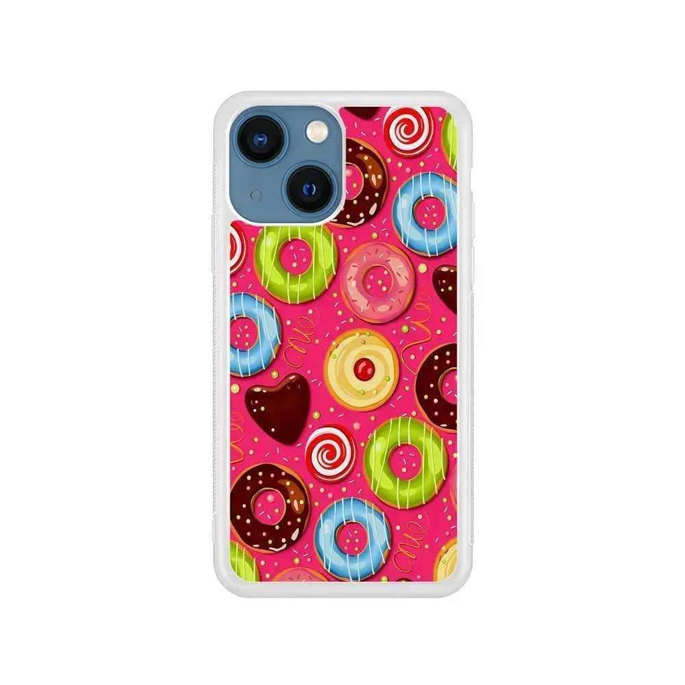 Pink Sweet Cute Donuts iPhone 13 Mini Case-Rubber / White (2D Case)-Xtracase