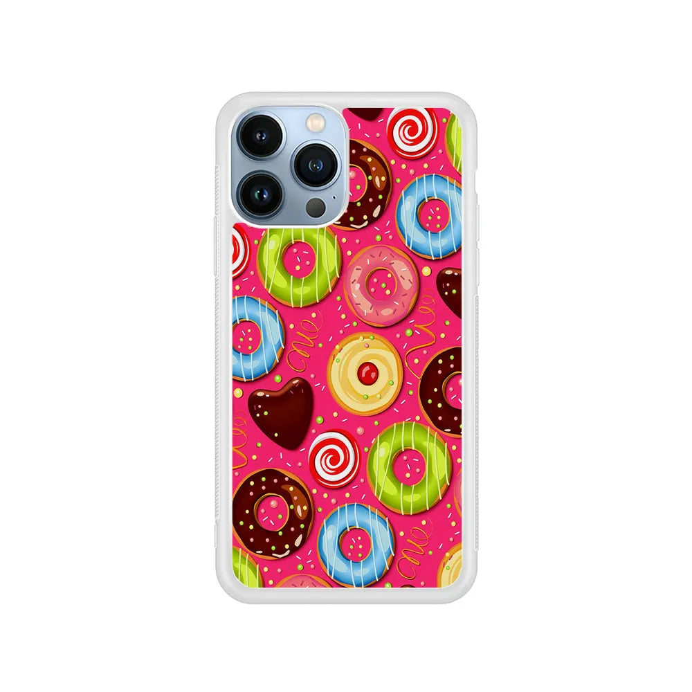 Pink Sweet Cute Donuts iPhone 13 Pro Case-Rubber / White (2D Case)-Xtracase