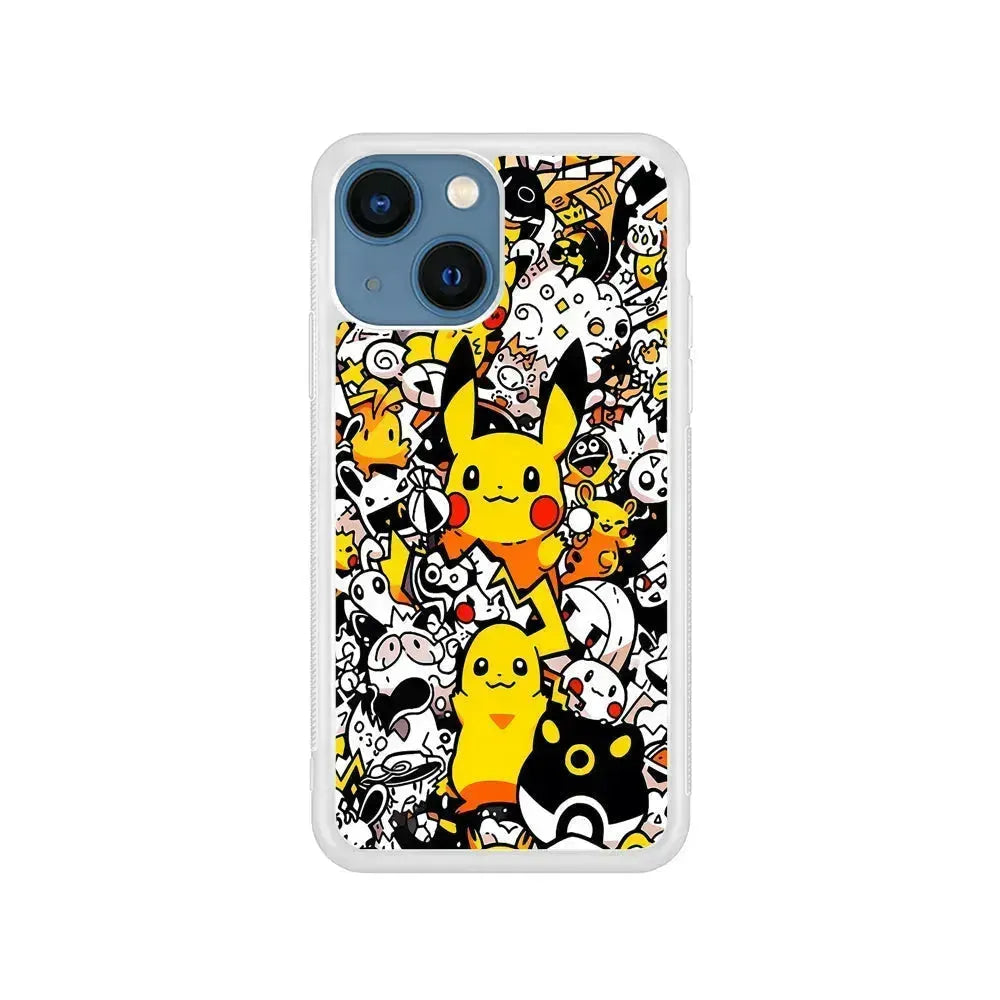 Pokemon Pikachu Doodle iPhone 13 Mini Case-Rubber / White (2D Case)-Xtracase