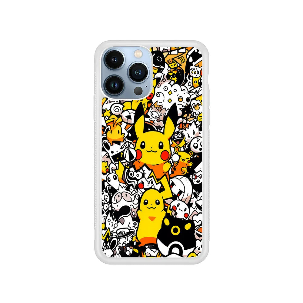 Pokemon Pikachu Doodle iPhone 13 Pro Case-Rubber / White (2D Case)-Xtracase