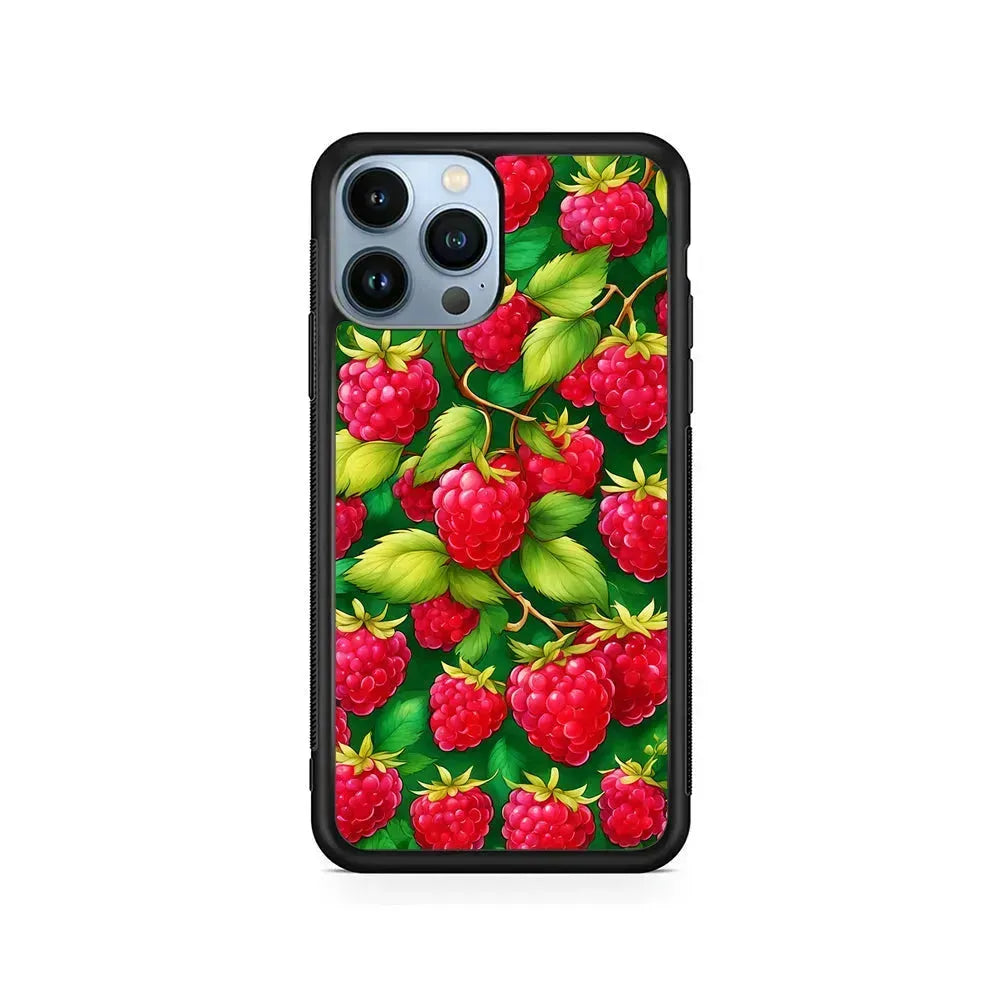 Raspberry Leaves and Berries iPhone 15 Pro Max Case-Rubber / Black (2D Case)-Xtracase