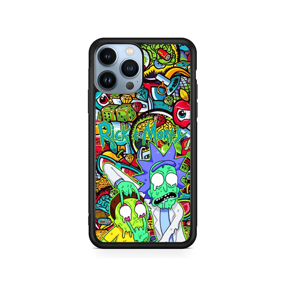 Rick and Morty Melt in Doodle iPhone 13 Pro Max Case-Rubber / Black (2D Case)-Xtracase