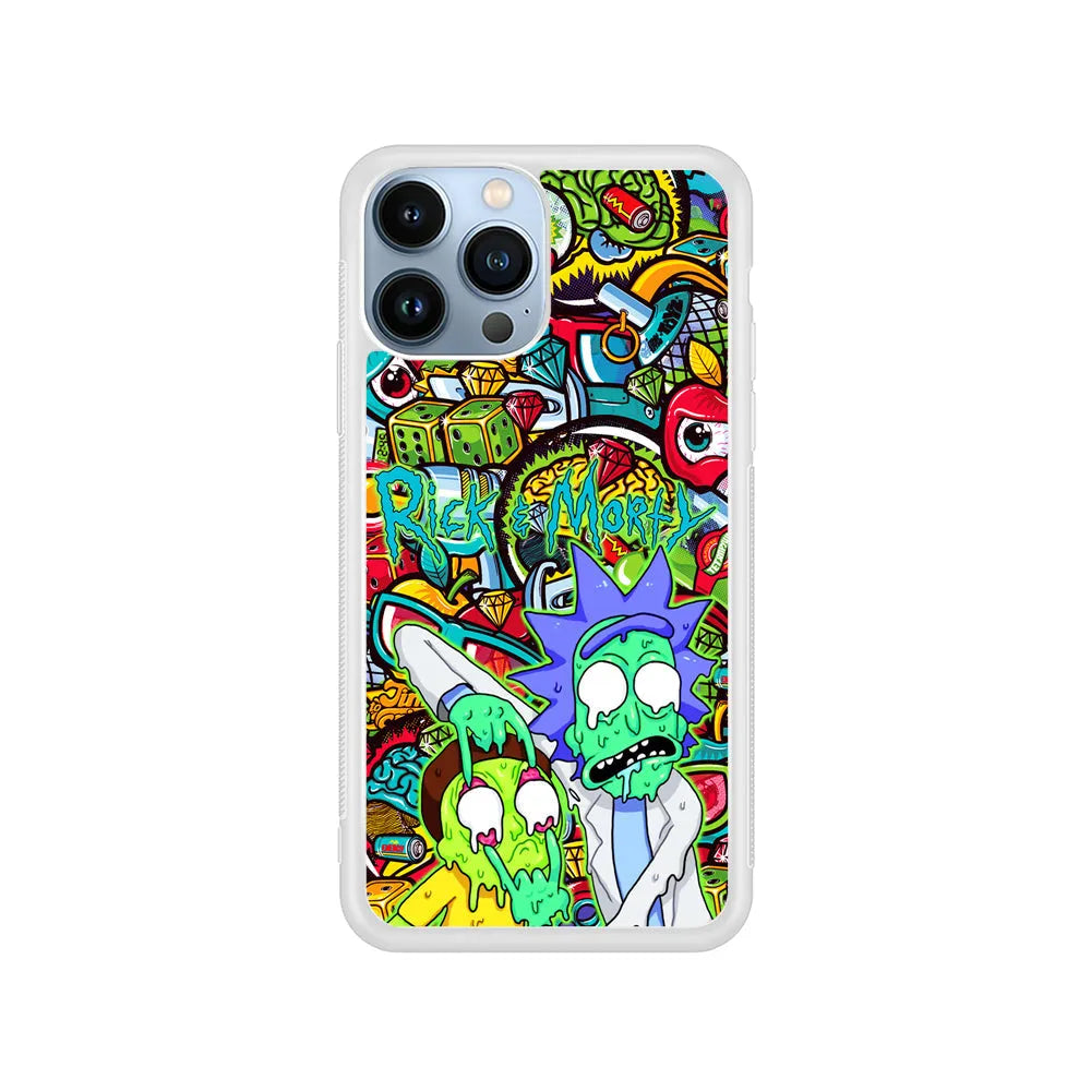 Rick and Morty Melt in Doodle iPhone 13 Pro Max Case-Rubber / White (2D Case)-Xtracase