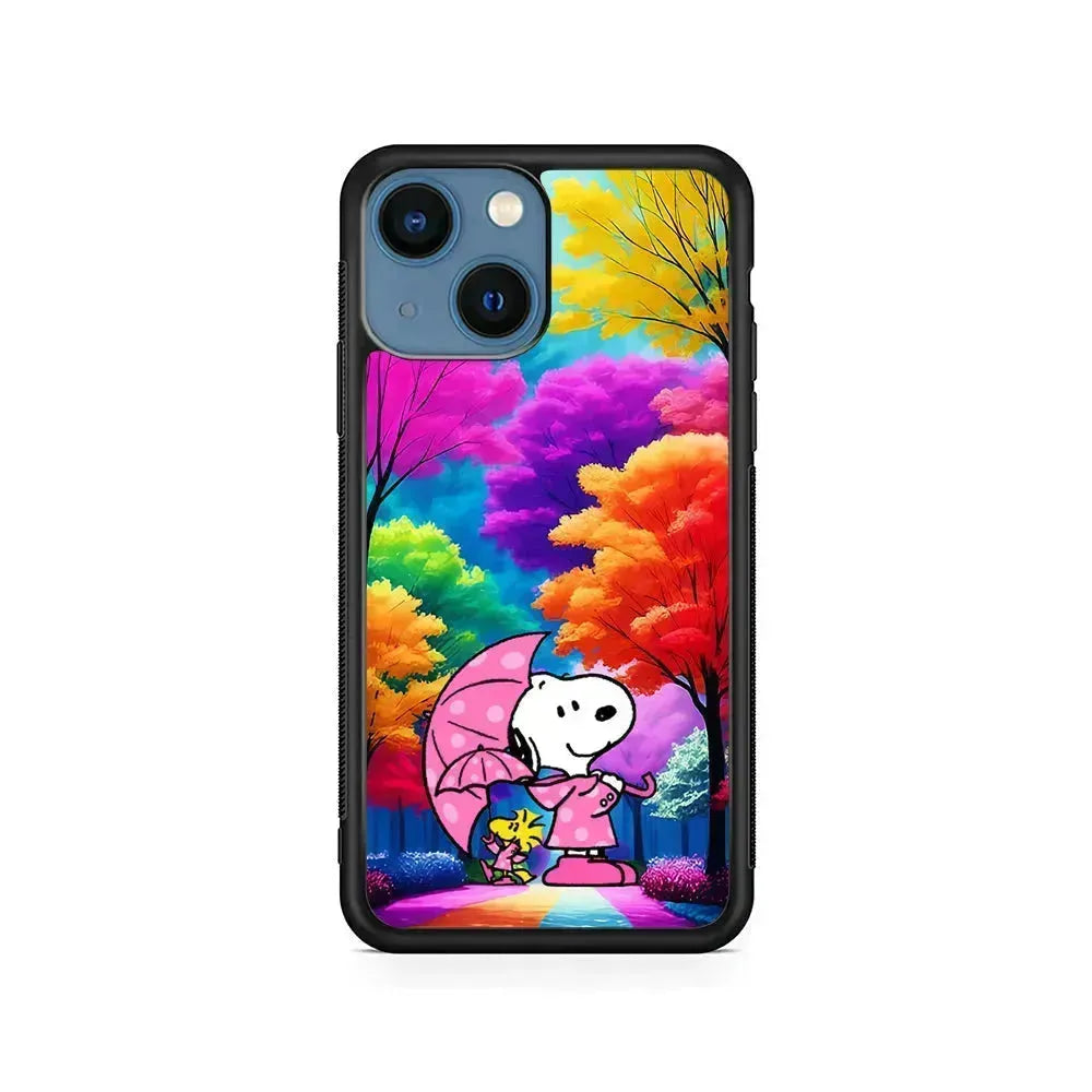 Snoopy and Woodstock in the Forest iPhone 13 Mini Case-Rubber / Black (2D Case)-Xtracase
