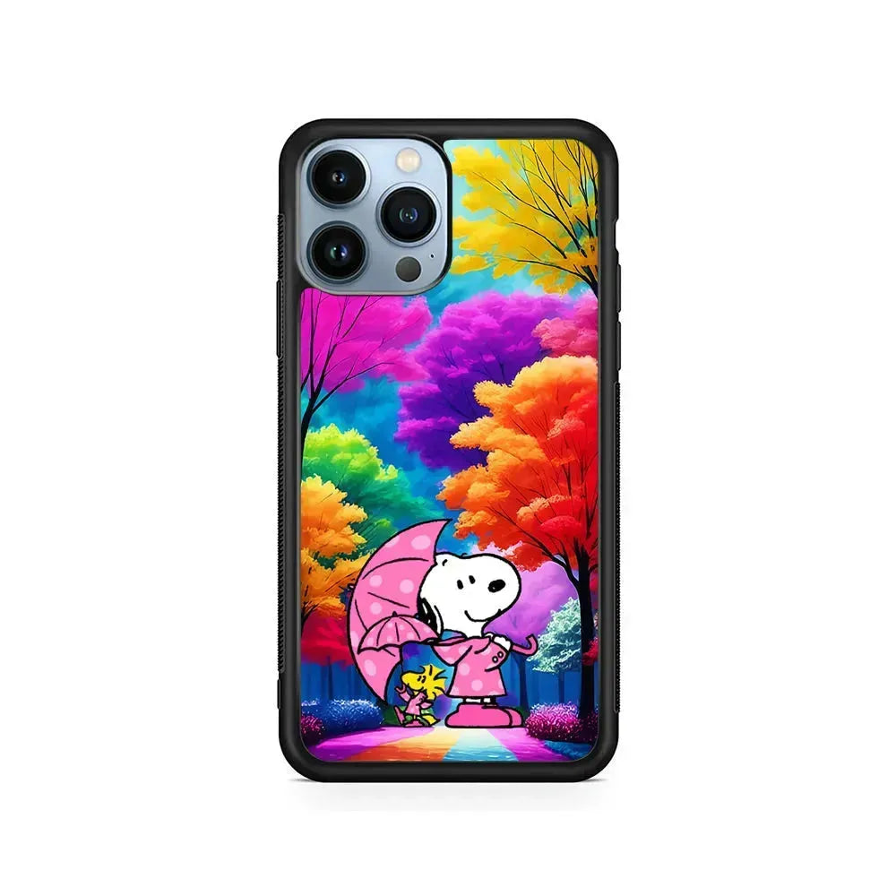 Snoopy and Woodstock in the Forest iPhone 15 Pro Max Case-Rubber / Black (2D Case)-Xtracase