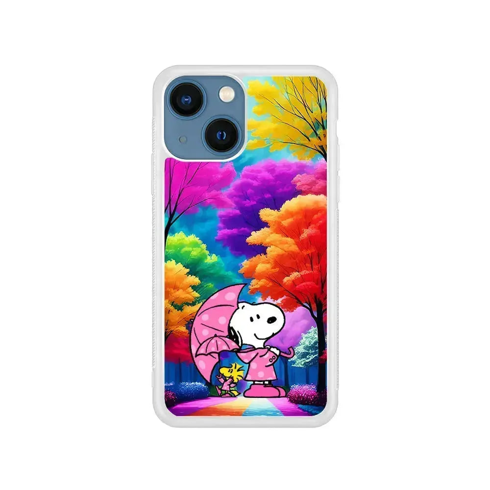 Snoopy and Woodstock in the Forest iPhone 13 Mini Case-Rubber / White (2D Case)-Xtracase