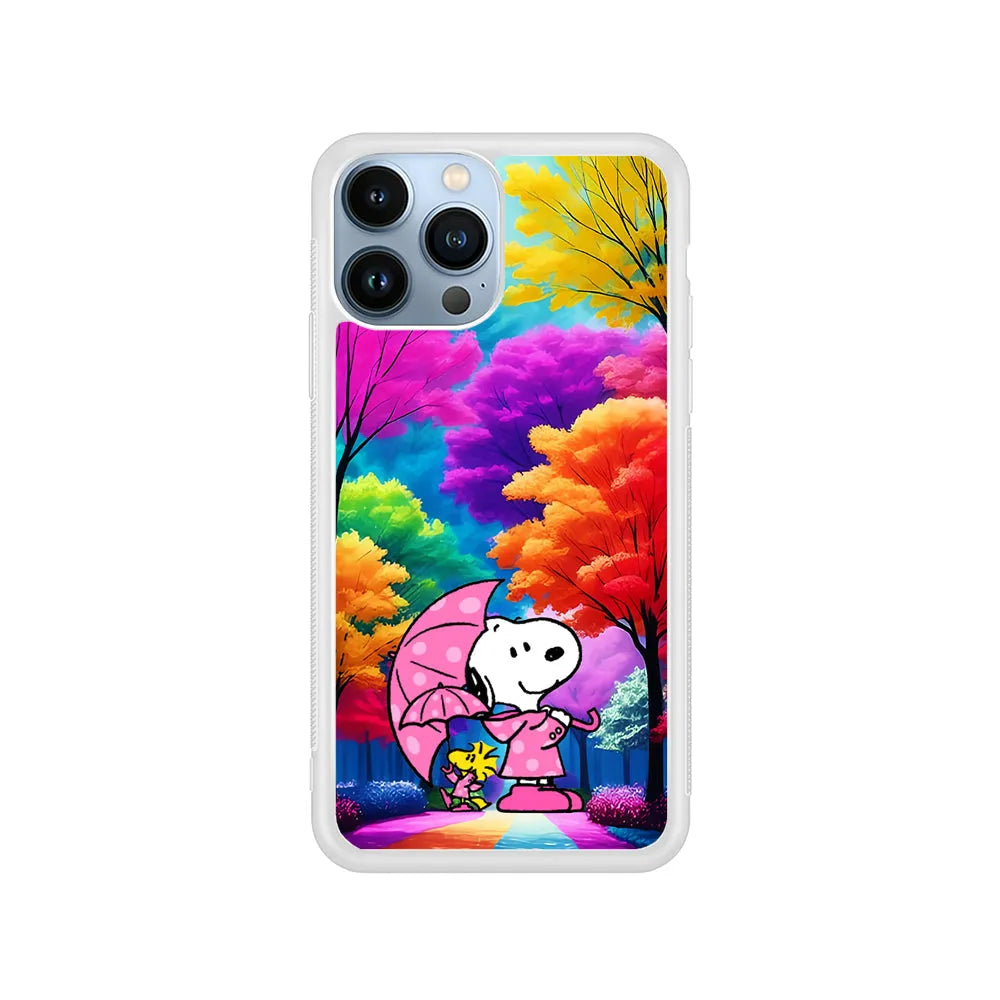 Snoopy and Woodstock in the Forest iPhone 13 Pro Max Case-Rubber / White (2D Case)-Xtracase