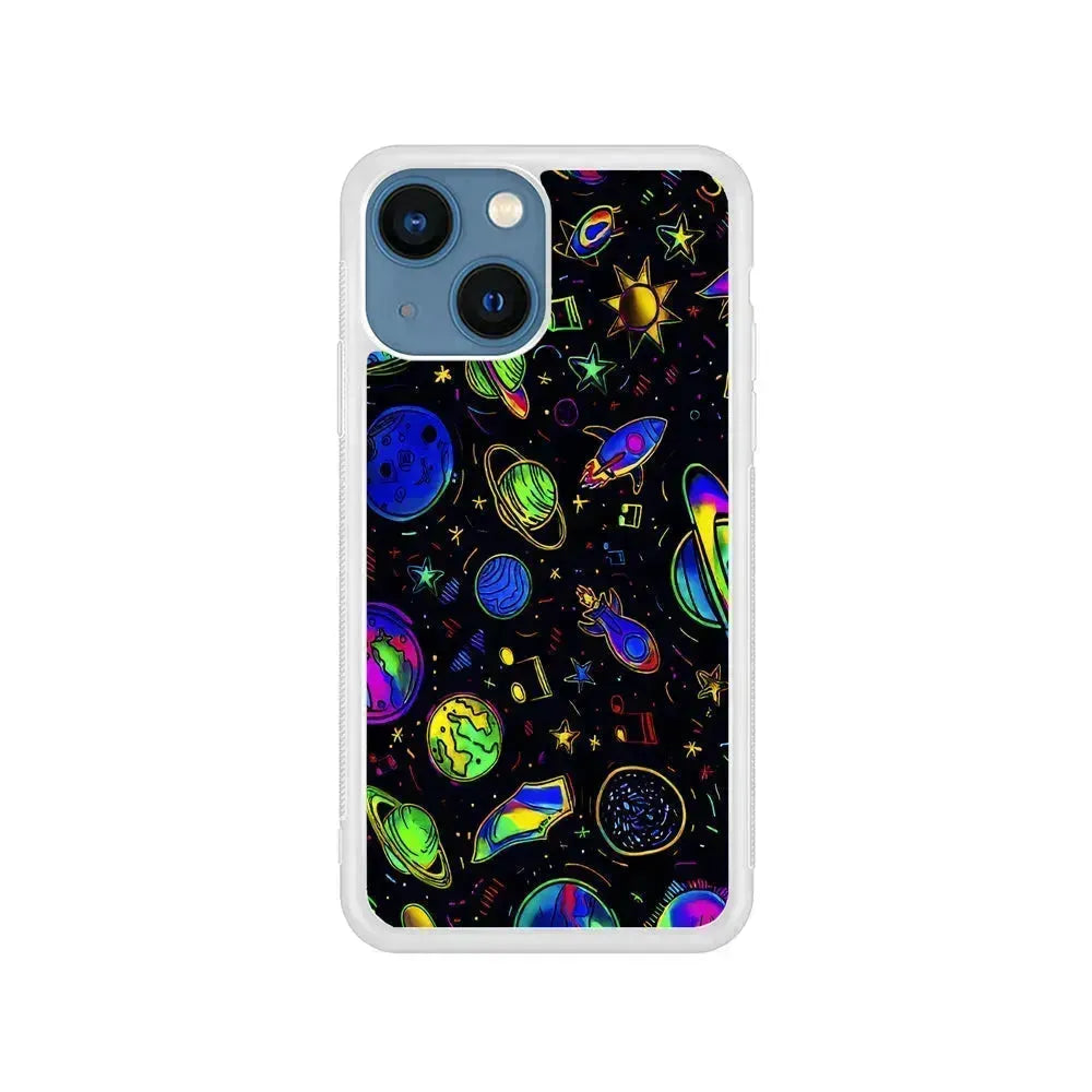 Space Planets and Spaceships iPhone 13 Mini Case-Rubber / White (2D Case)-Xtracase