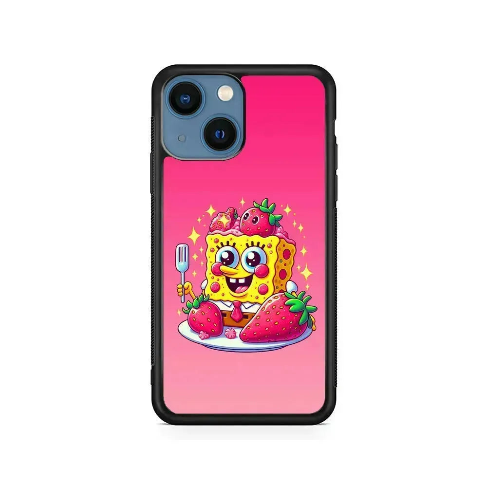 SpongeBob Eating Strawberry iPhone 13 Mini Case-Rubber / Black (2D Case)-Xtracase