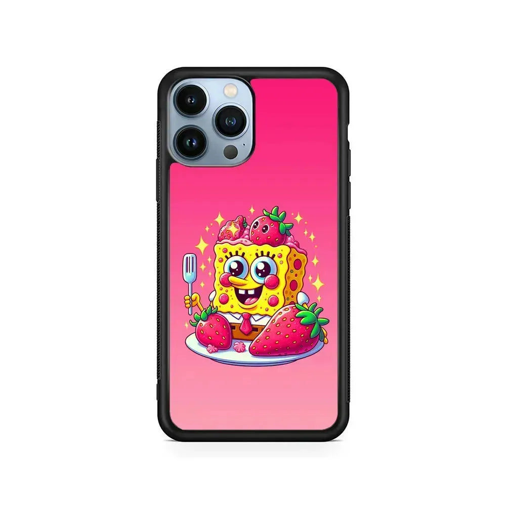 SpongeBob Eating Strawberry iPhone 15 Pro Max Case-Rubber / Black (2D Case)-Xtracase