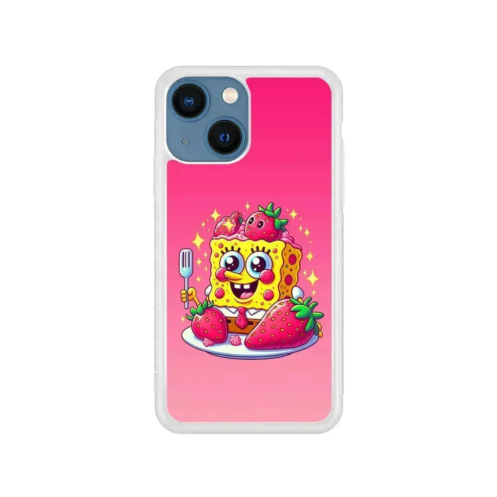 SpongeBob Eating Strawberry iPhone 13 Mini Case-Rubber / White (2D Case)-Xtracase