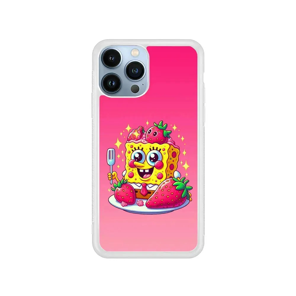 SpongeBob Eating Strawberry iPhone 15 Pro Max Case-Rubber / White (2D Case)-Xtracase