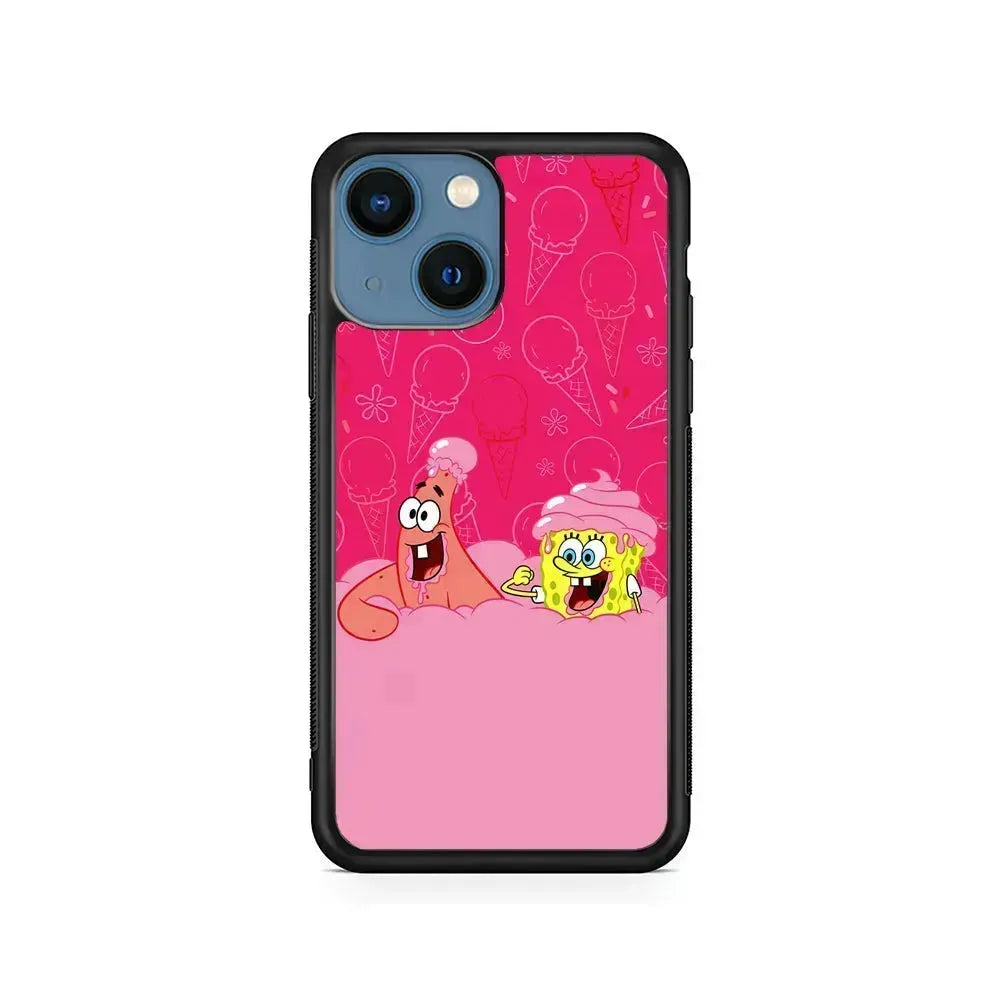 Spongebob and Patrick Eating Ice Cream iPhone 13 Mini Case-Rubber / Black (2D Case)-Xtracase
