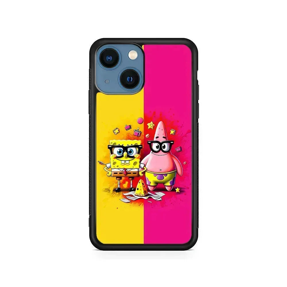 Spongebob and Patrick Yellow Pink iPhone 13 Mini Case-Rubber / Black (2D Case)-Xtracase