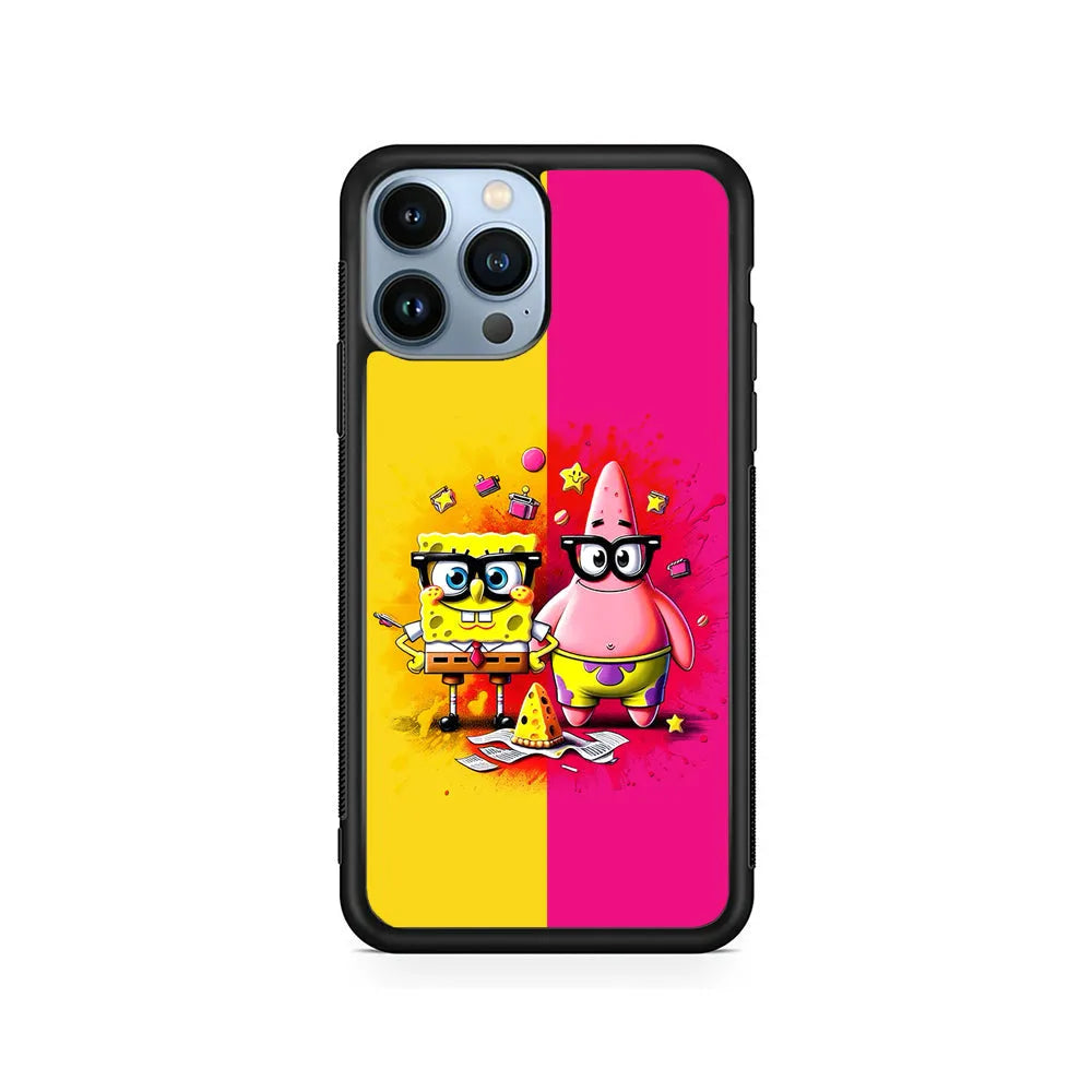 Spongebob and Patrick Yellow Pink iPhone 13 Pro Max Case-Rubber / Black (2D Case)-Xtracase