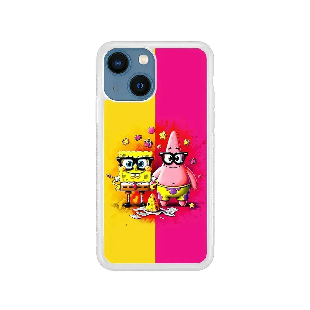 Spongebob and Patrick Yellow Pink iPhone 13 Mini Case-Rubber / White (2D Case)-Xtracase