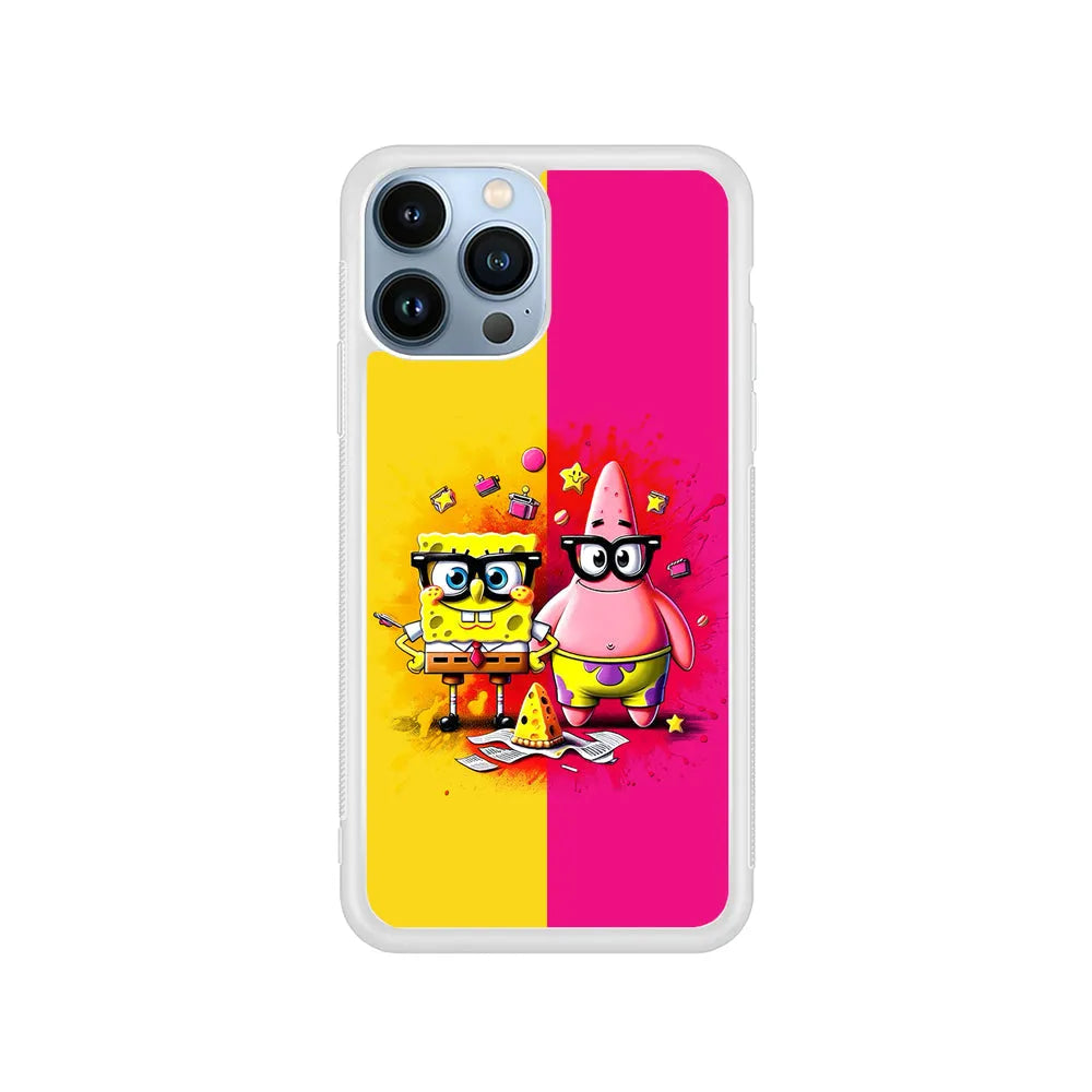 Spongebob and Patrick Yellow Pink iPhone 13 Pro Case-Rubber / White (2D Case)-Xtracase